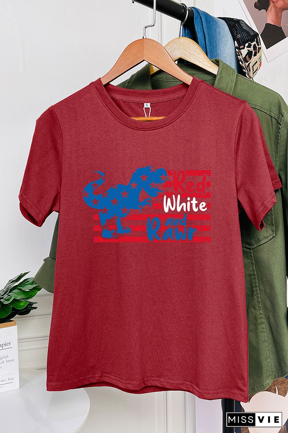 Red White And Rawr Print Summer Graphic Tee Wholesale