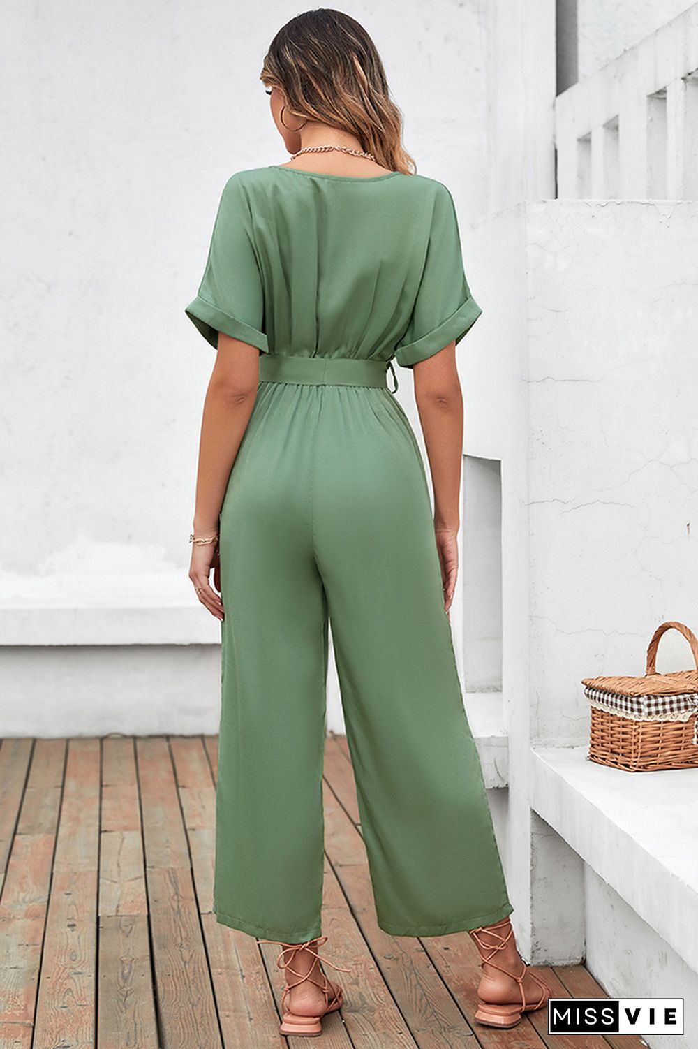 Solid Color Short Sleeve Long Pants Jumpsuit Wholesale