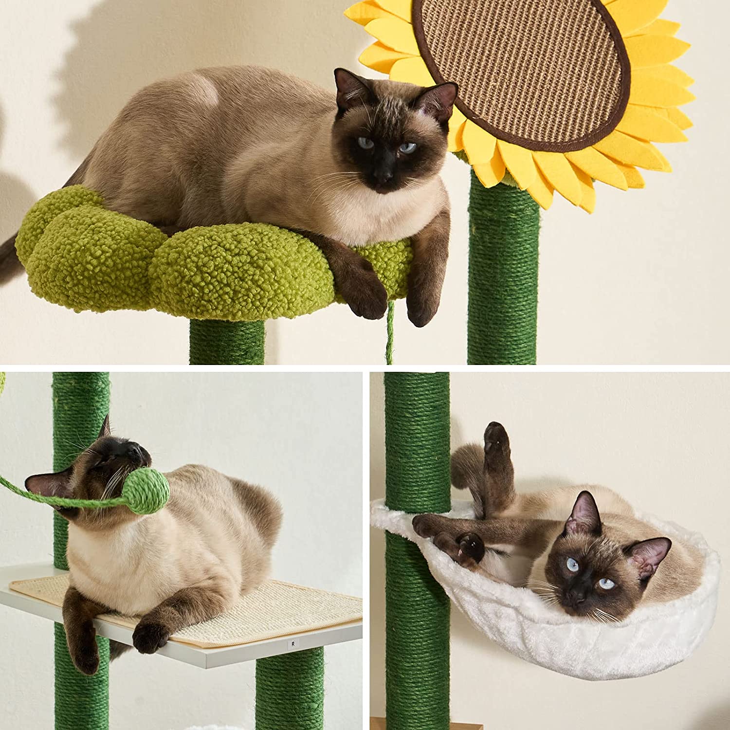 Soges Cat Tree with Cat Condo, 60" Cat Tower with Cactus Sisal Scratching Post, Soft Hammock, Fun Cat Ball, Cat Litter Box Enclosure