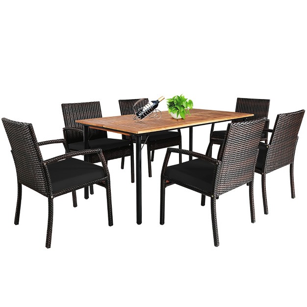 Costway 7pcs Patio Rattan Dining Chair Table Set With Cushion Umbrella Hole Black