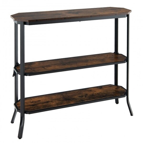 3-Tier Steel Frame Entryway Sofa Console Table for Hallway and Living Room-Rustic Brown - 39.5