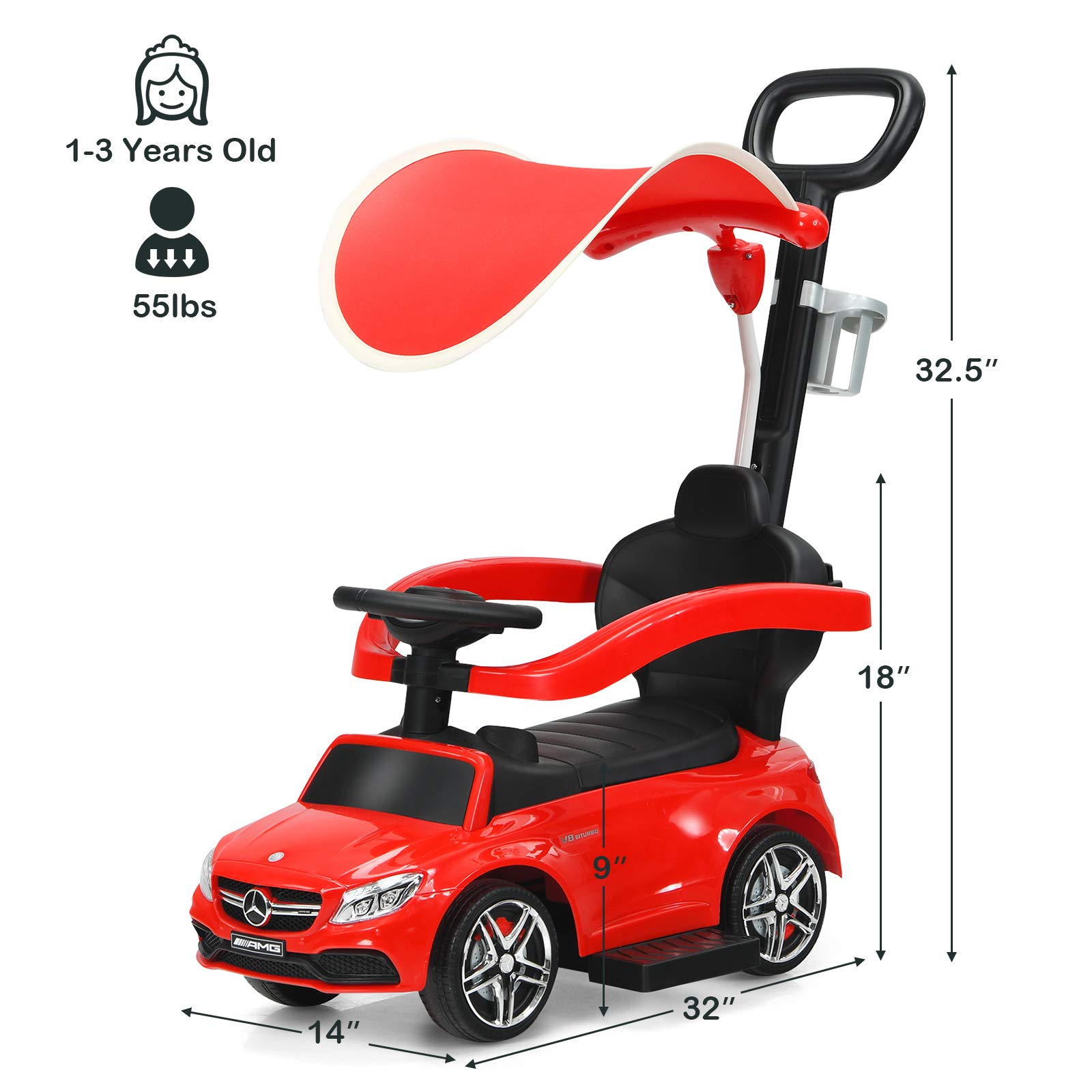 Costzon Push Car for Toddlers, 3 in 1 Mercedes Benz Stroller Sliding Walking Car w/ Canopy, Red