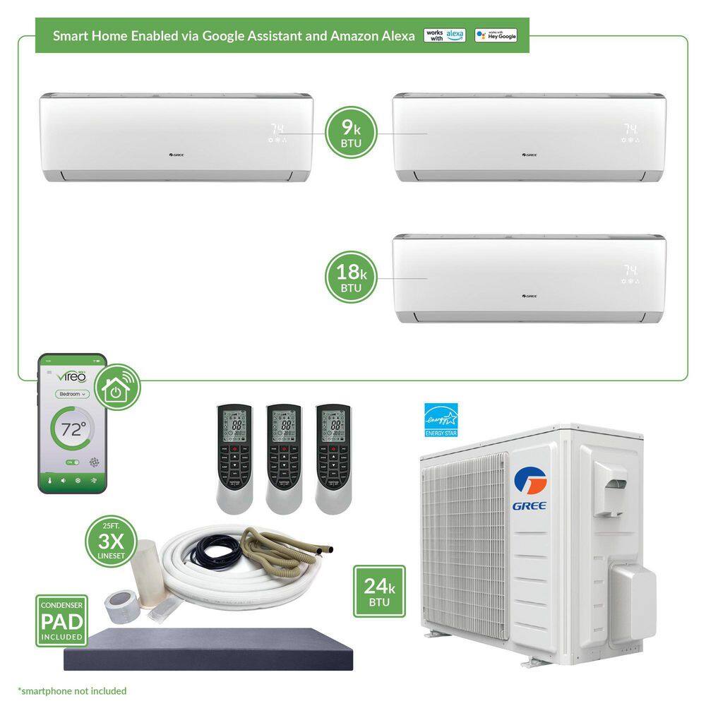 GREE Gen3 Smart Home Triple-Zone 24000 BTU 2 Ton Ductless Mini Split Air Conditioner  Heat Pump 25 ft. Install Kit 230V MULTI24VIR313HP