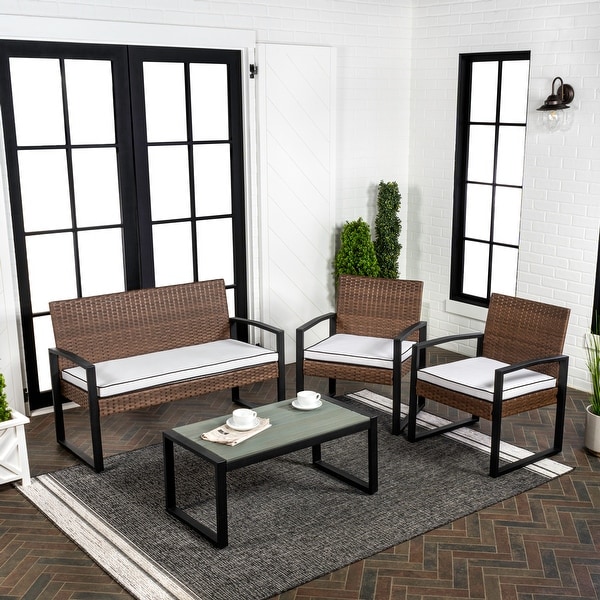 Thom 4Piece Modern Coastal Faux Wicker Conversation Outdoor Patio Set，by JONATHAN Y