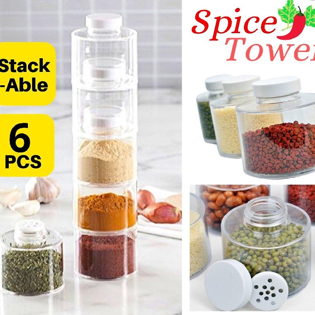 6pcs Tower Type Seasoning Can Flavoring Tank Transparent Stackable Seasoning Storage Box Seasoning Bottle Kitchen Supplies Tools