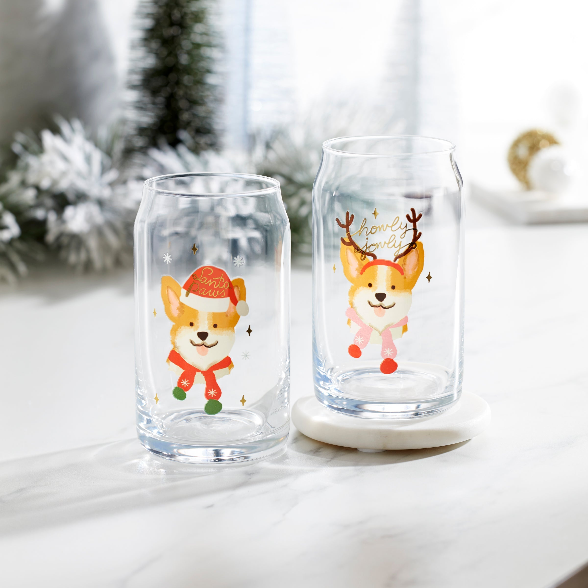 16 Oz Holiday Corgi Cocktail Glasses, Set Of 2