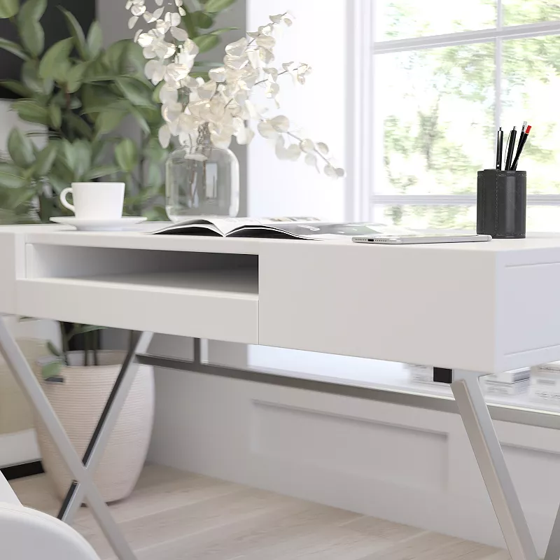 Merrick Lane Rhodes Computer Desk Contemporary Granite White Writing Desk with Metal Crisscross Frame， Keyboard Tray and 2 Box Drawers