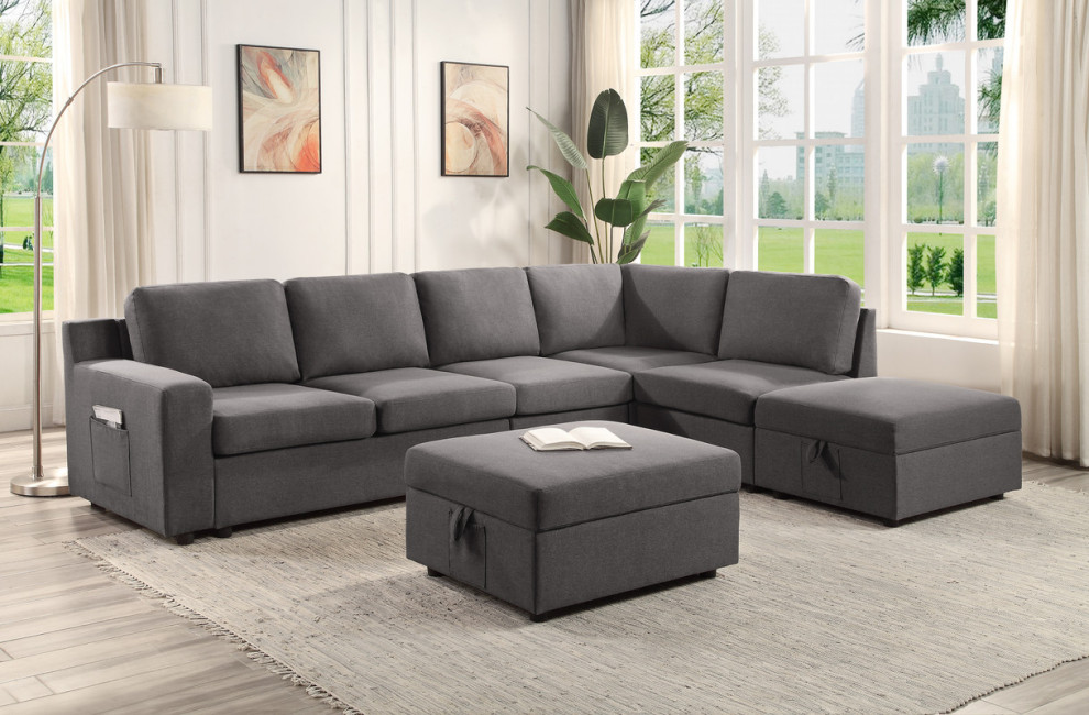 Waylon Gray Linen 7 Seater Sectional Sofa with Storage Ottomans and Pockets   Transitional   Sectional Sofas   by Lilola Home  Houzz