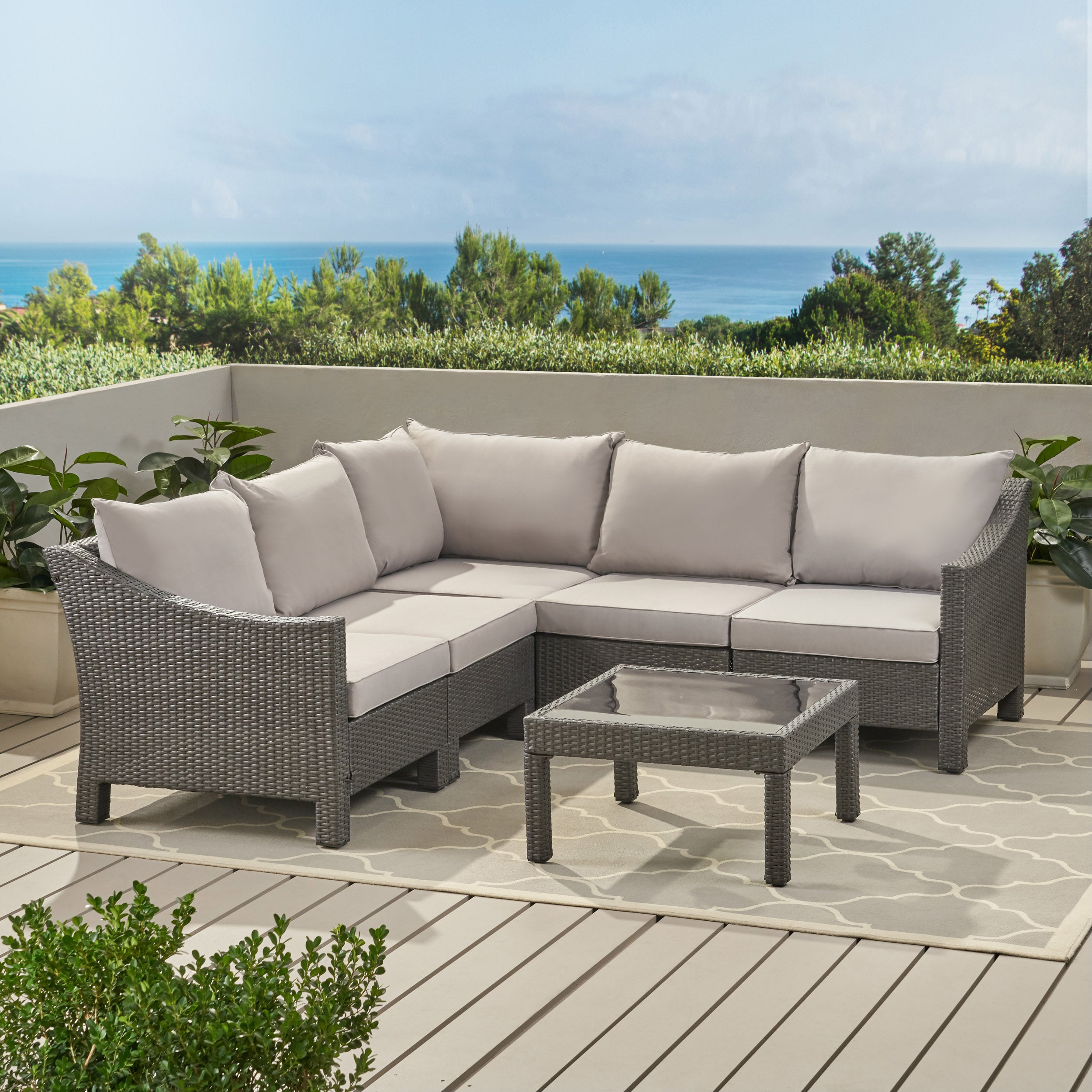 Caspian 6pc Outdoor Wicker V-shaped Sectional Sofa Set w/ Cushions