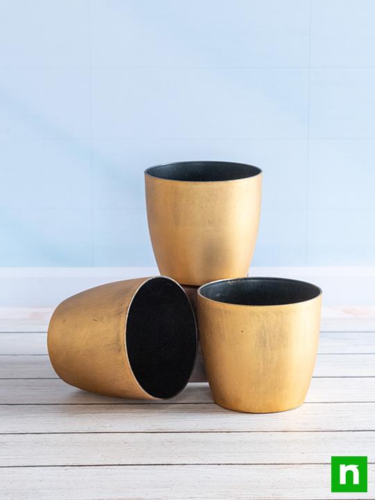 5.3 inch (13 cm) Ronda No. 1412 Antique Gold Finish Round Plastic Planter (Golden Color) (set of 3)