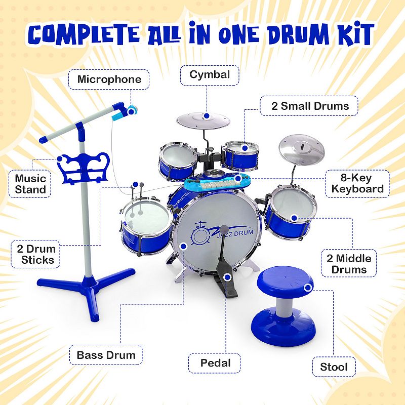 Kids Jazz Drum Keyboard Set with Stool and Microphone Stand