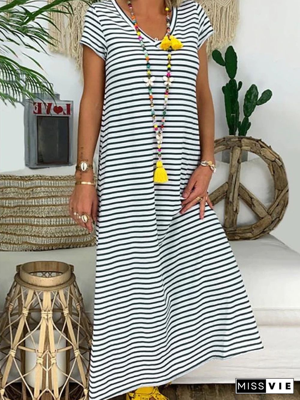 Women's A-Line Dress Maxi long Dress Short Sleeve Striped Summer Hot Casual Chinoiserie  Black S M L XL XXL 3XL