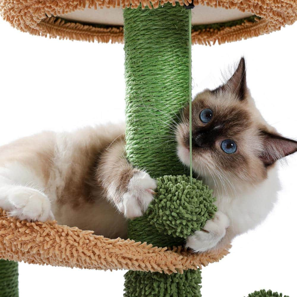 Foobrues 32.9 in. H Cactus Cat Tower with Sisal Covered Scratching Post, Cozy Condo, Plush Perches and Fluffy Balls PSL-23170833