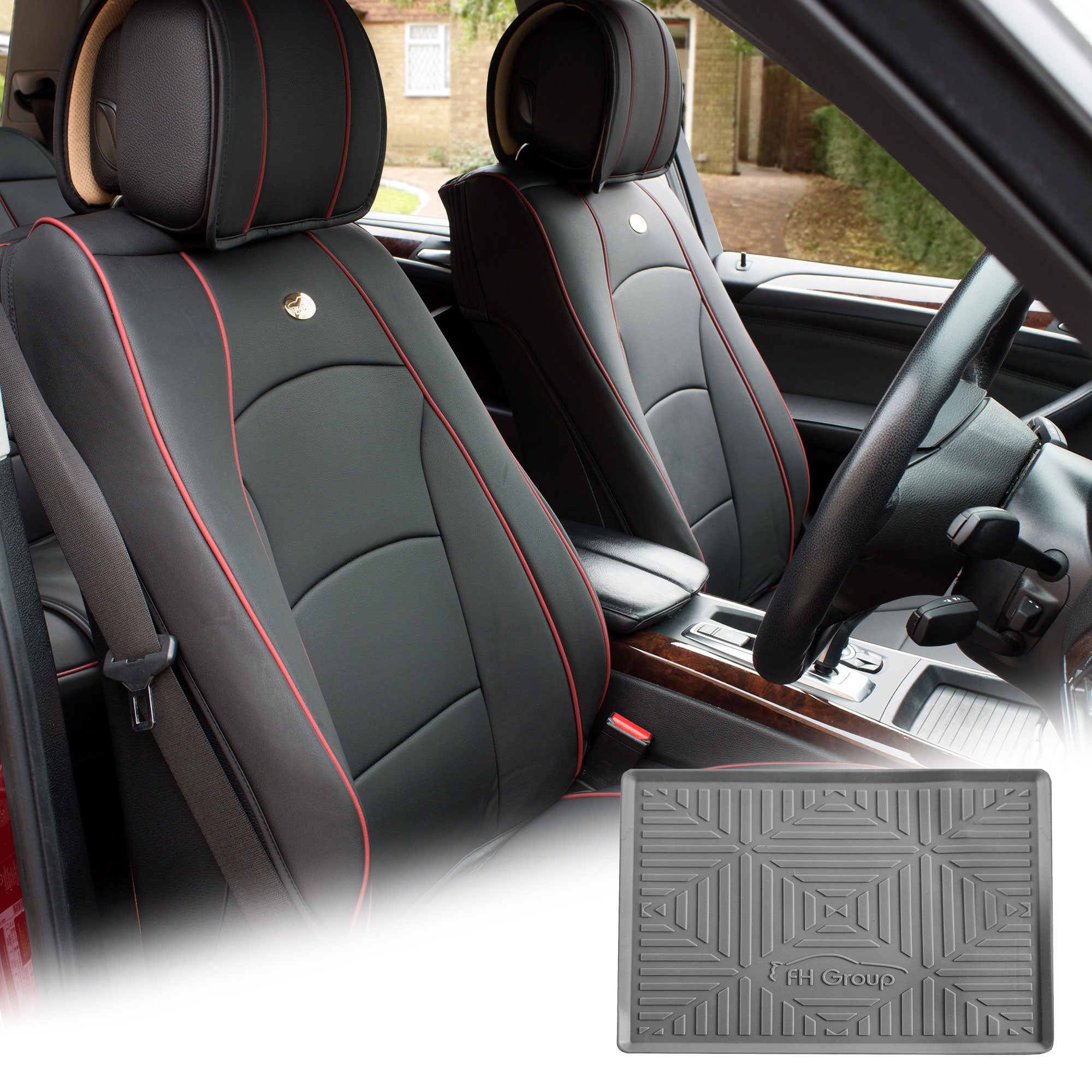 FH Group Black Leatherette Front Bucket Seat Cushion Covers for Auto Car SUV Truck Van with Gray Dash Mat Combo