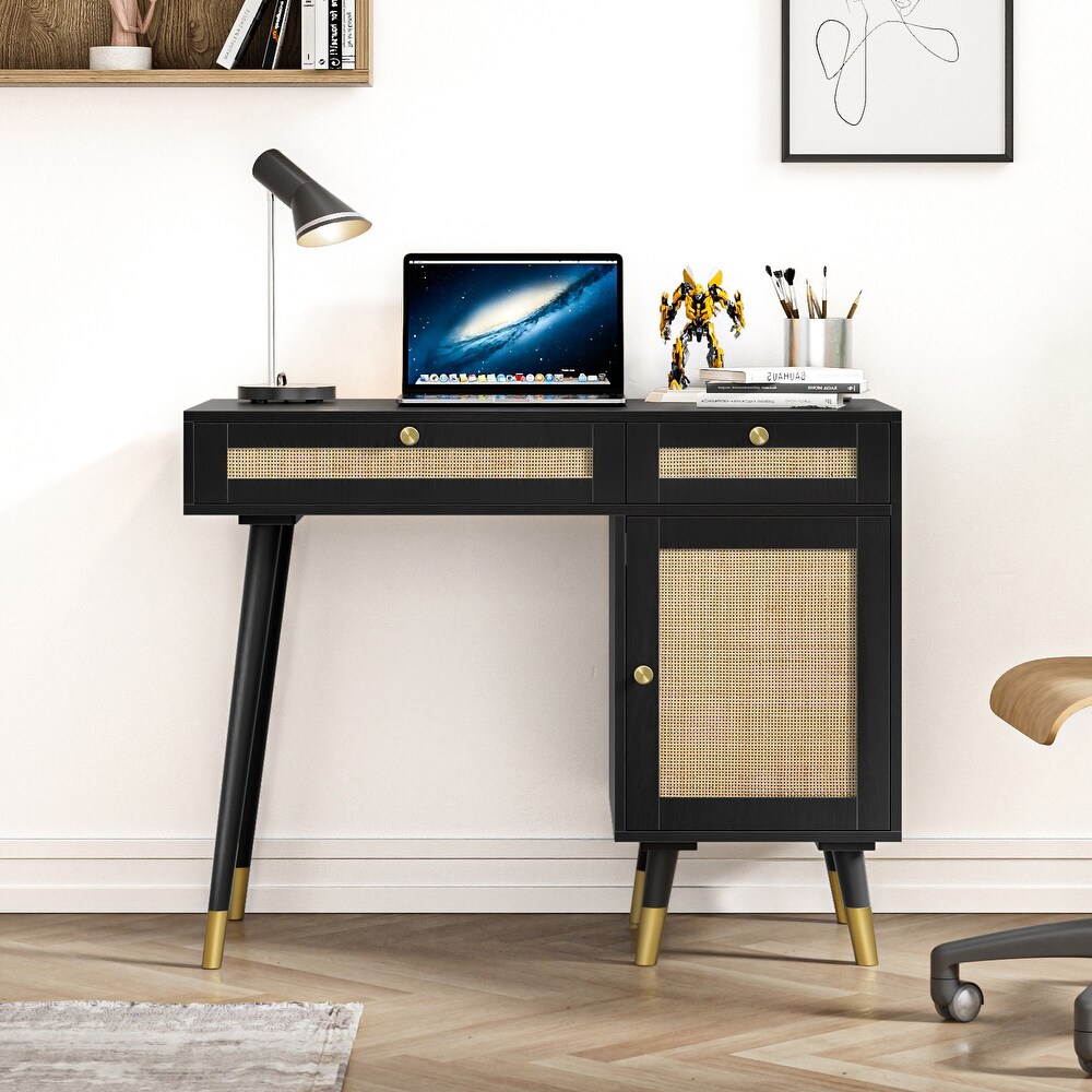 Farmhouse Rattan Computer Writing Desk   Black/Gold   39.4\