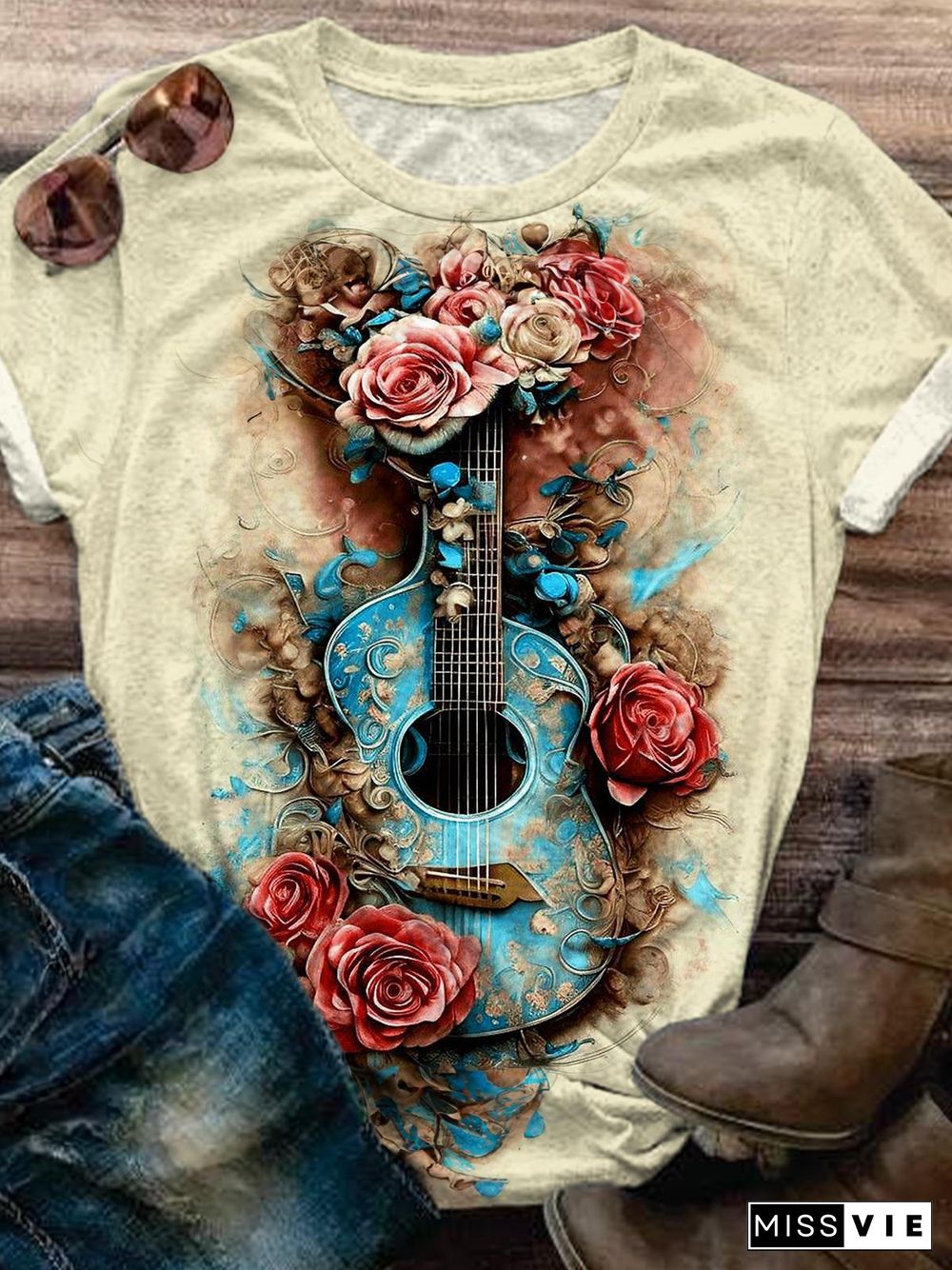 Floral Blue Guitar Crew Neck T-shirt