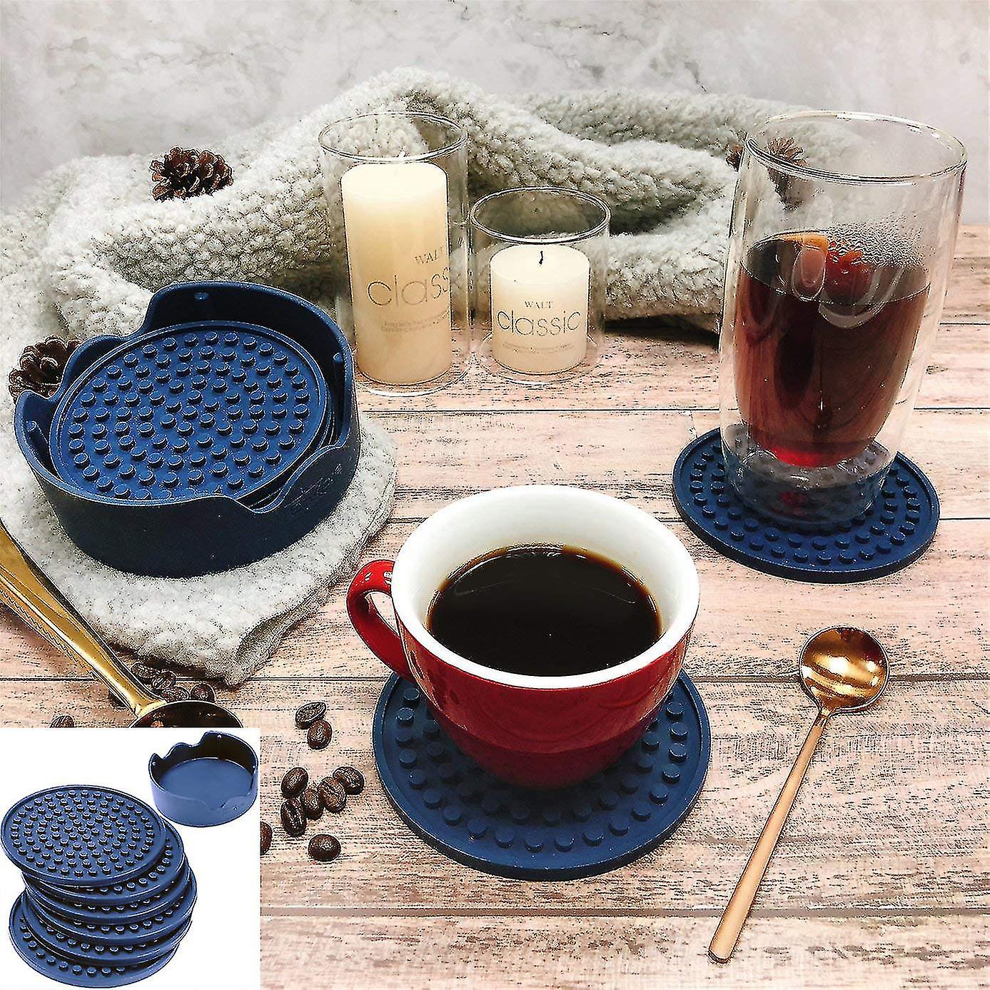 Drink Coasters Silicone Set Of 6 With Holder， Deep Navy - Good Grip， Large Size Deep Condensation Trap - Furniture Friendly Than Thirstystone