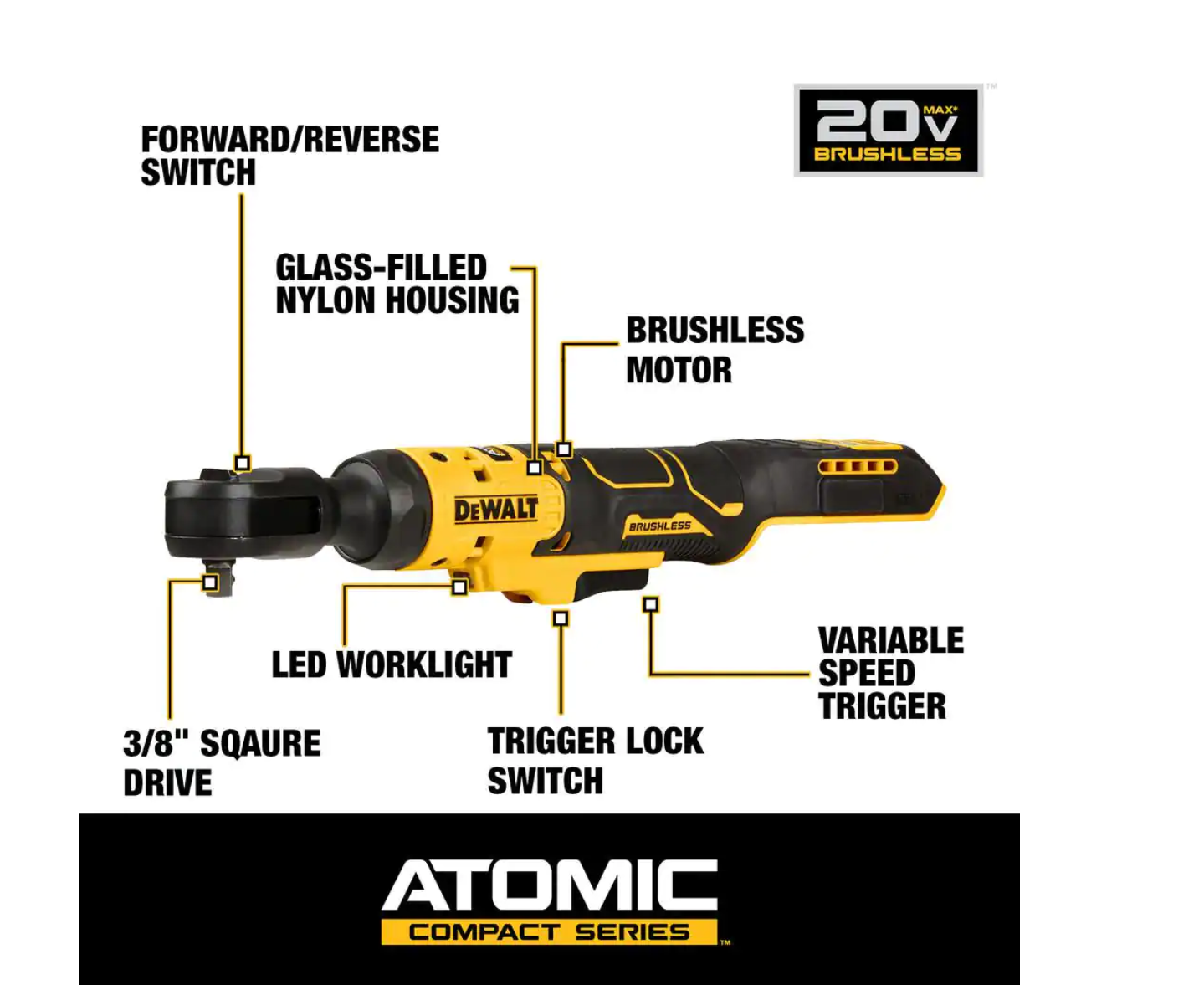 DEWALT DCF513B ATOMIC 20-Volt MAX Cordless 3/8 in. Ratchet (Tool-Only)