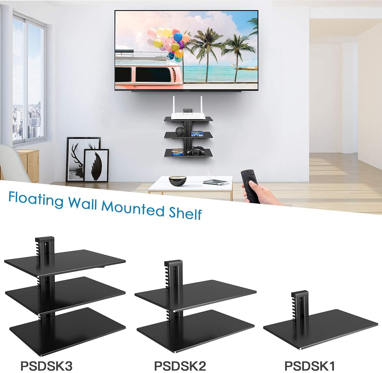 Floating AV Shelf Triple Wall Mount TV Shelf, Holds up to 17.6lbs DVD DVR Component Shel for Xbox, Projector, WiFi Router, Game Console and Cable Box