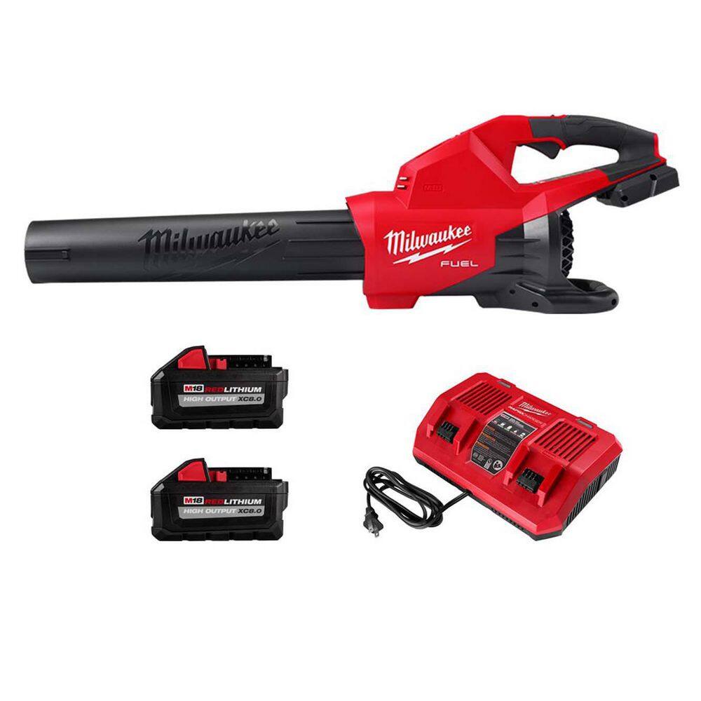 MW M18 FUEL 18V Brushless Cordless Dual Battery 145 MPH 600 CFM Blower with Dual Bay Rapid Charger and Two 8Ah HO Batteries 2824-20-48-11-1880-48-11-1880-48-59-1802