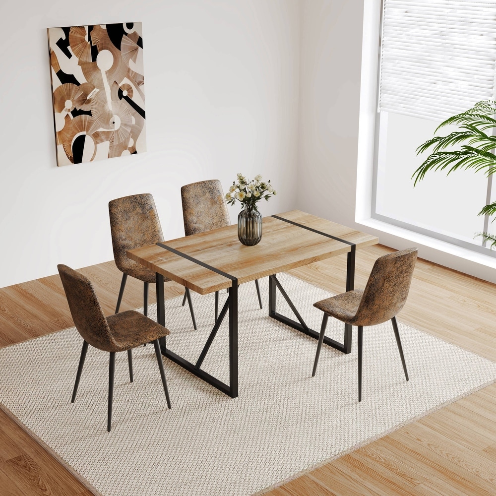 Modern 5 Piece Dining Table Sets with Rectangular Dining Table and Linen Upholstered Dining Chairs  for Living Room