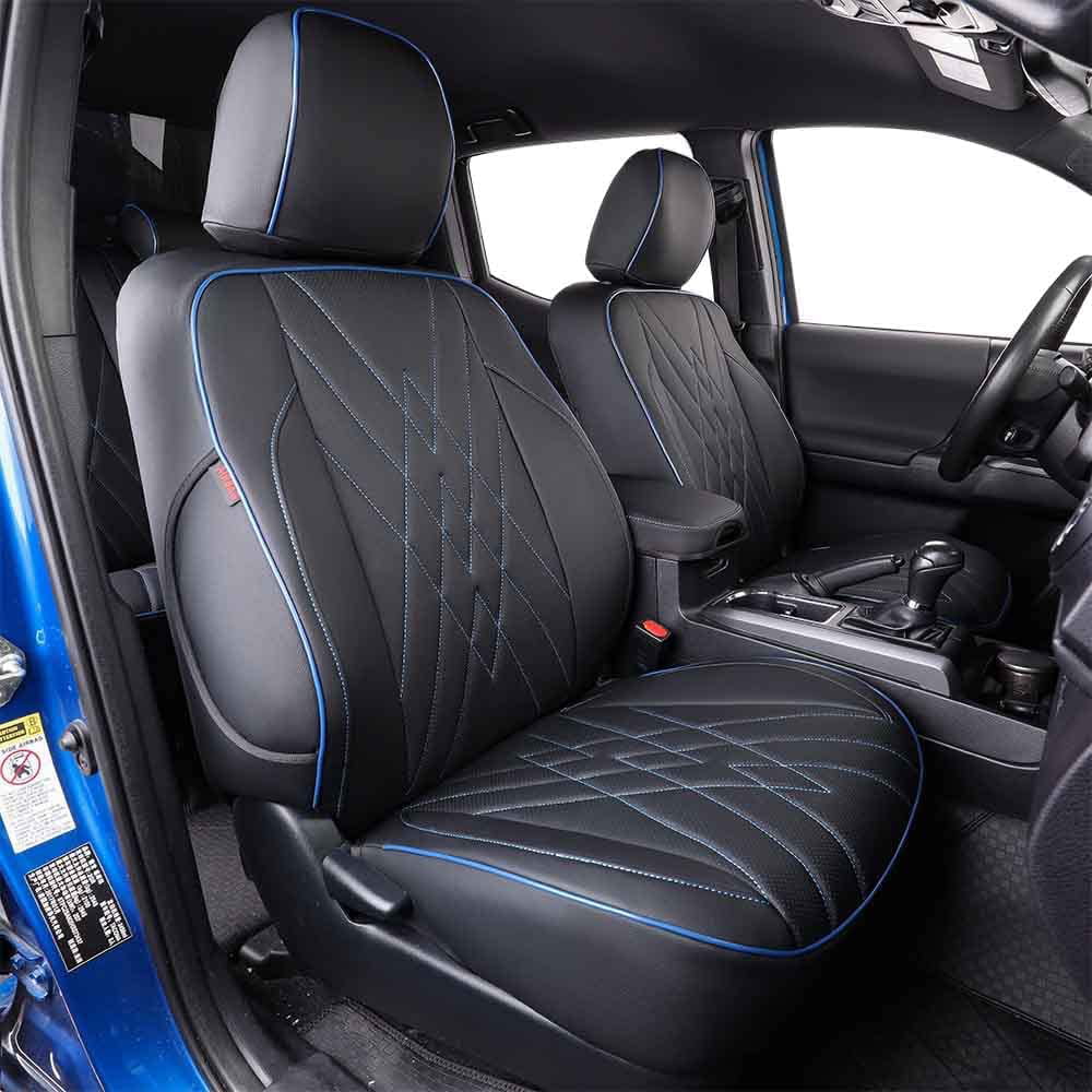 EKR Custom Fit F150 Seat Covers for 2021 2022 2023 Ford F150 SuperCrew XL，XLT， Lariat and 2023 Lightning， Super Duty 250 350 450 Crew Cab XL，XLT， Lariat - Full Set，Leather(Black with Blue Trim)