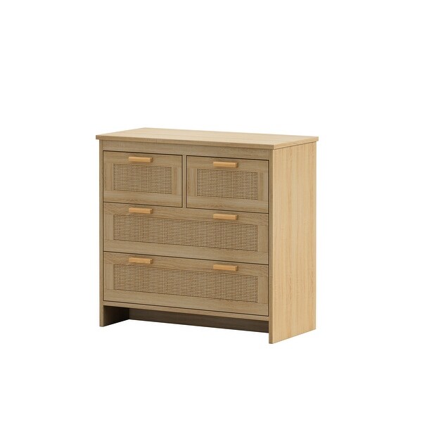 Natural 4 Drawers Dresser Cabinet with Rattan Panel for Bedroom - - 37846151