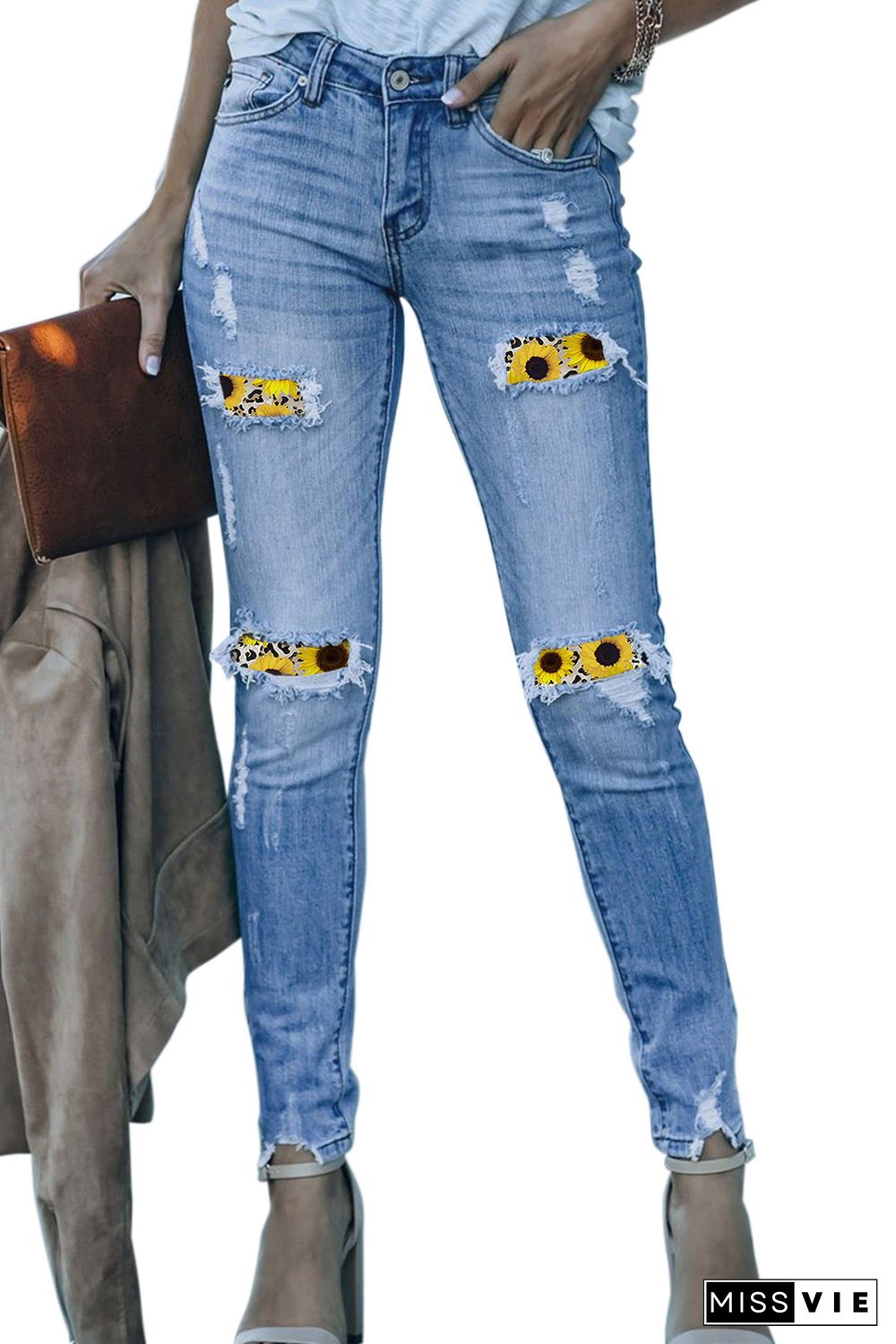 Sunflower Patchwork Distressed Ankle Length Skinny Jeans