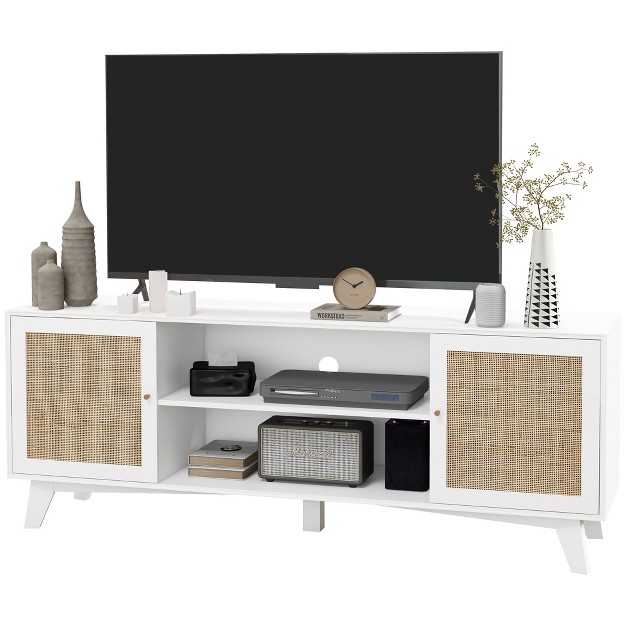 Homcom Tv Stand Cabinet For Tvs Up To 65 quot Boho Entertainment Center With Rattan Doors Adjustable Shelves And Cable Holes For Living Room White