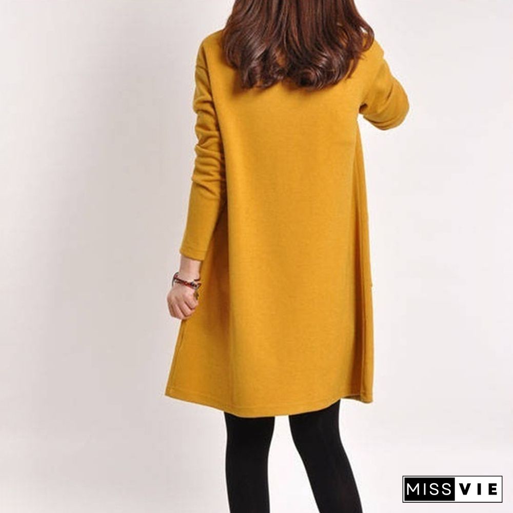 Women Autumn Long Sleeve Pocket Loose Maternity Swing Dress Casual Cotton V-neck Pregnancy Dress