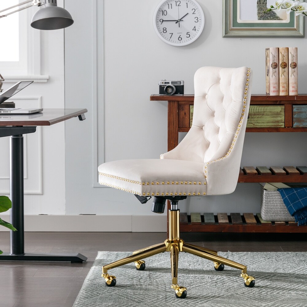 Swivel Computer Chair Beige Adjusatble Seat Tufted Button Home Office