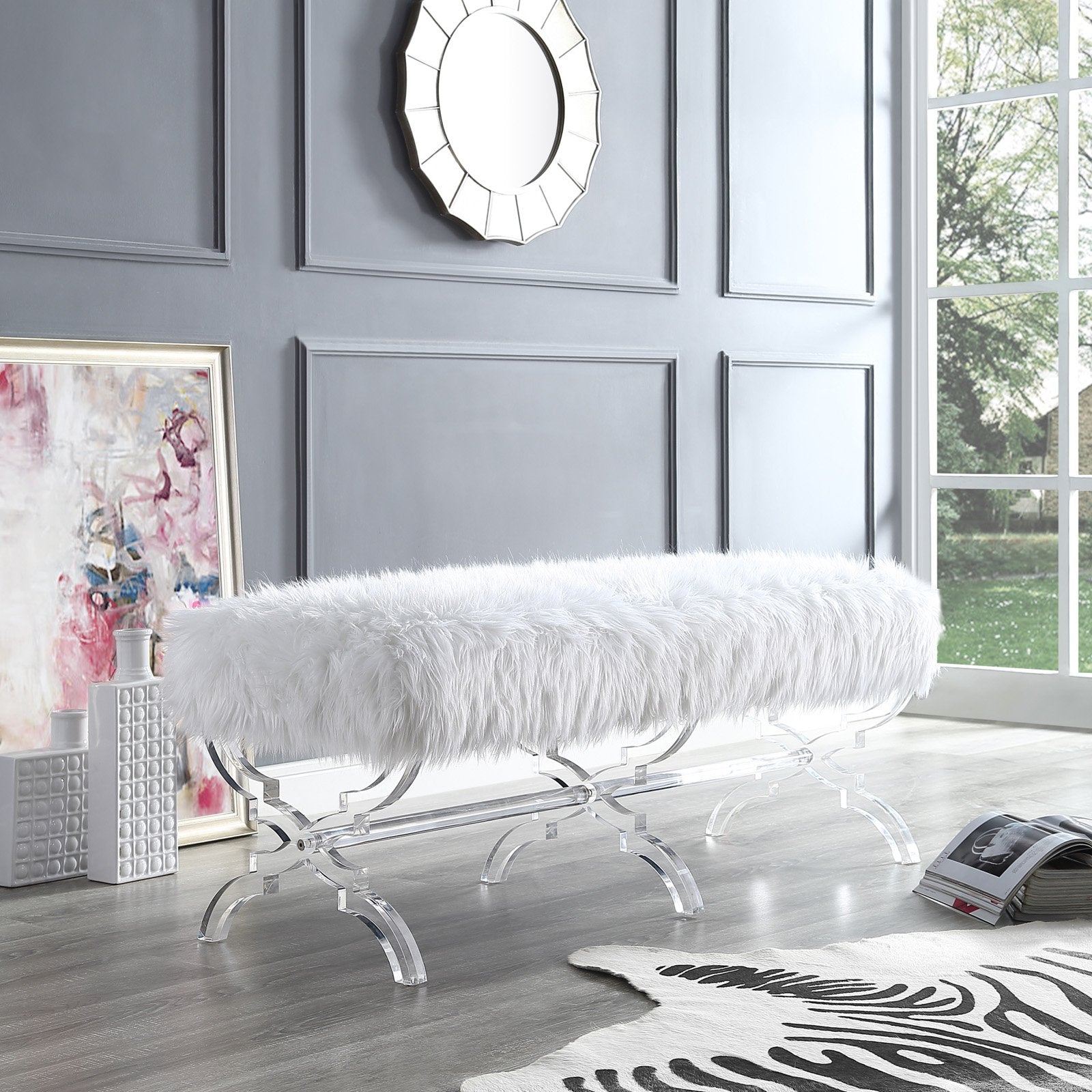 Inspired Home Melody Faux Fur and Acrylic Backless Bedroom Bench