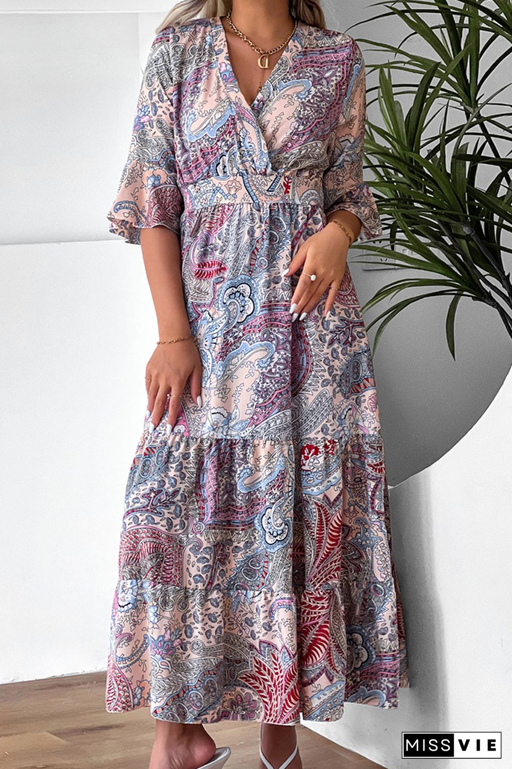 Paisley Floral Print Flare Sleeves Maxi Dress Wholesale