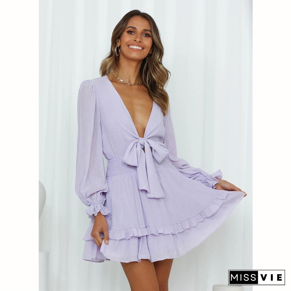 V-Neck Long Sleeve Women's Solid Color Lace-Up Dress