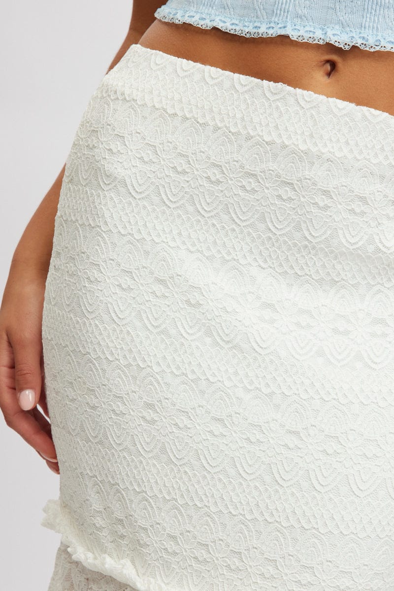 White Lace Maxi Skirt Elastic Waist Tiered Lined