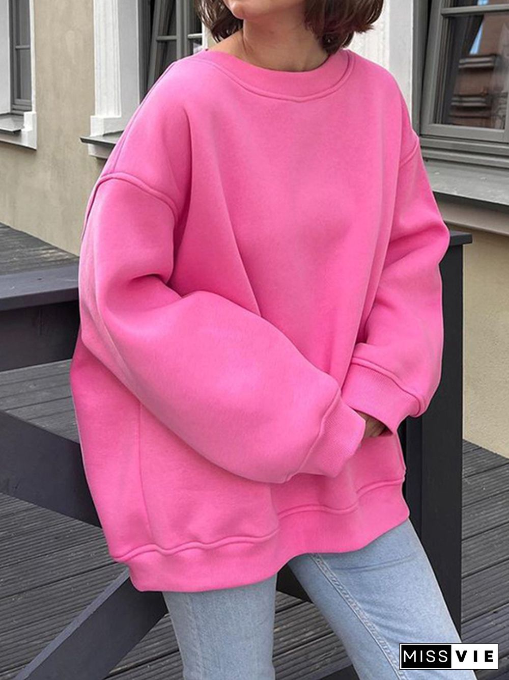 Long Sleeves Loose Solid Color Round-Neck Sweatshirt Tops