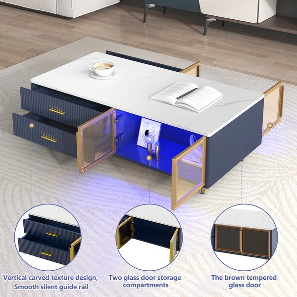 Coffee Table with 2 Glass Door Storage 4 Drawers Gold Metal Legs and MultiColor Lighting in 47.2''