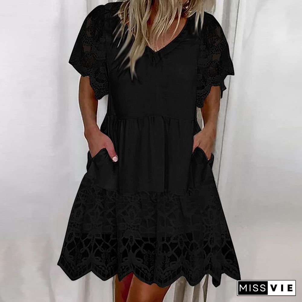 S-5XL Vintage Ladies Loose V Neck Lace Patchwork Sundress Holiday Beach Summer Mini Shirt Dress