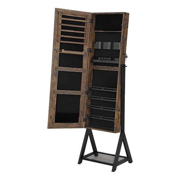 Max 60 Inch Wood Jewelry Cabinet， Floor Mirror， Mesh Shelf， Rustic Brown - 60.2 L x 16.1 W x 14.2 H - - 37107362