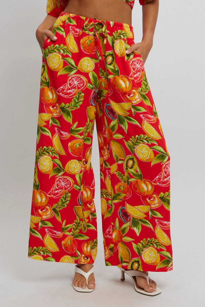 Red Abstract Wide Leg Pants High Rise