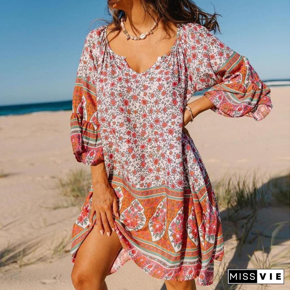 V-Neck Bell Sleeve Floral Printed Dress