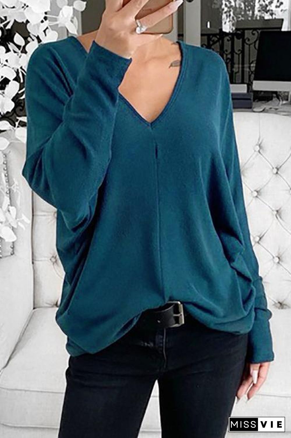 V Neck Long Sleeve Loose T Shirt