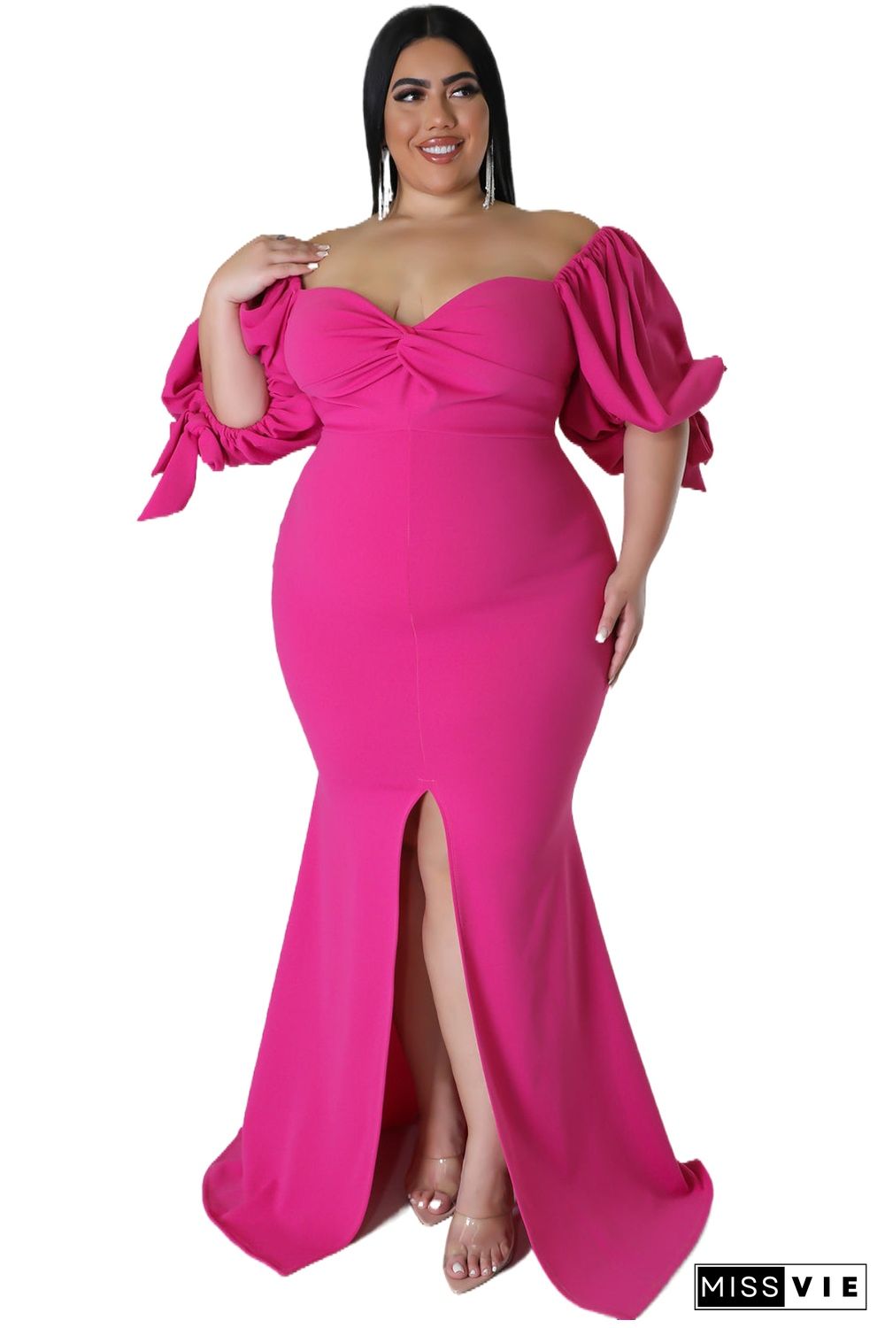 Rose Bow Tie Puff Sleeve Plus Size High Slit Maxi Dress