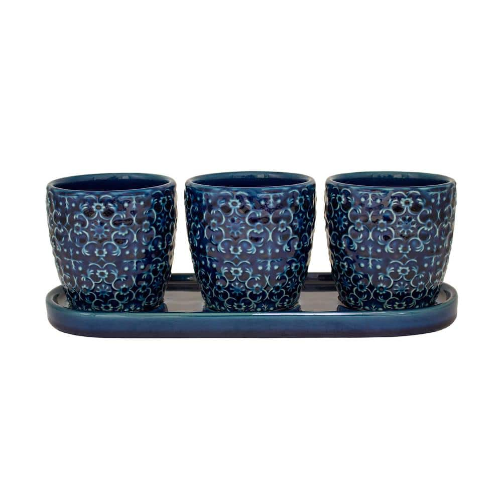 Trendspot 12 in. Blue Mediterranean Bell Ceramic Trio Planter CR00684S-120M