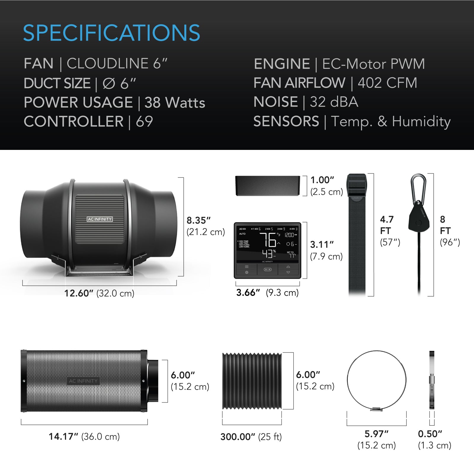 AC Infinity Air Filtration PRO Kit 6”， CLOUDLINE Inline Fan with CONTROLLER 69， Carbon Filter Ducting Combo， Cooling and Ventilation System for Grow Tents， Hydroponics， Indoor Gardening