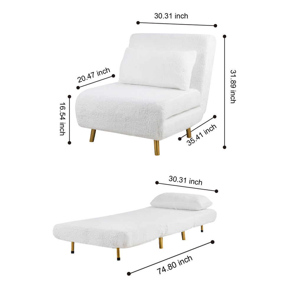 GIA Design Group Tri-Fold Convertible Velvet Sofa Bed with Removable Pillow and Legs, White