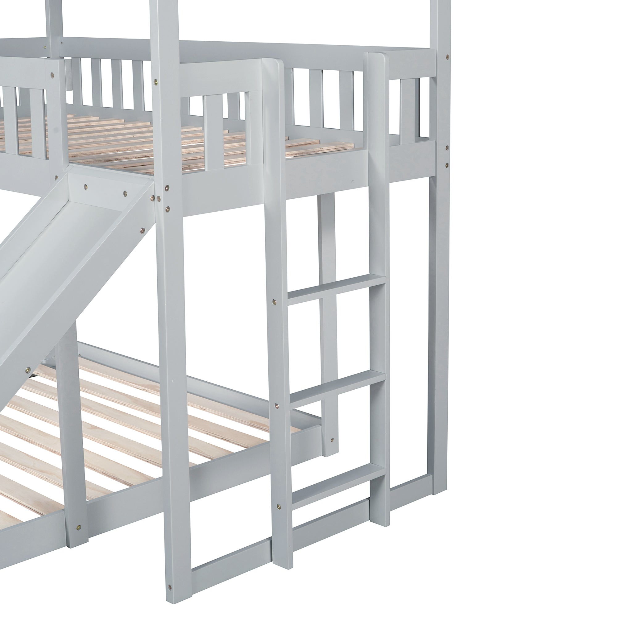 Modern Wood Twin over Full House Bunk Bed for Kids Bedroom, Gray