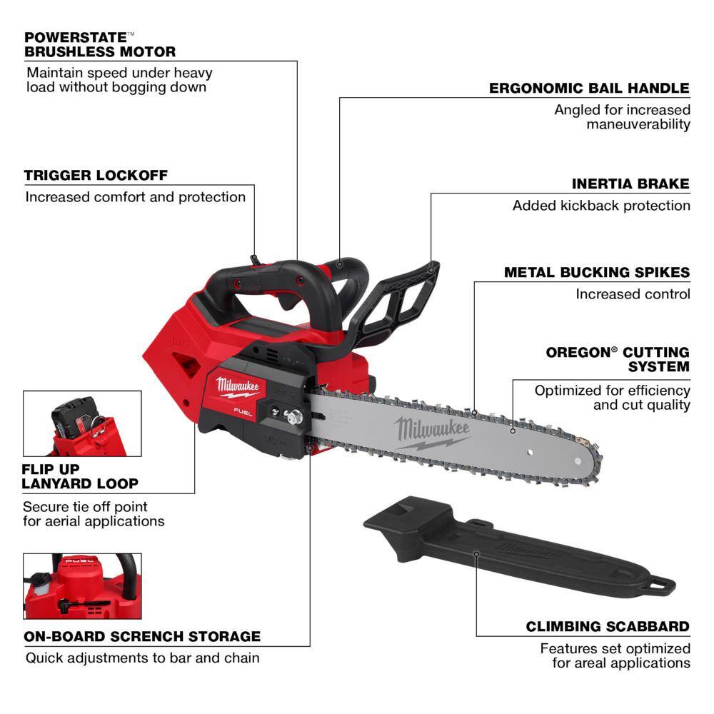 MW M18 FUEL 14 in. Top Handle 18-Volt Lithium-Ion Brushless Cordless Chainsaw and M18 12 in. Top Handle Chainsaw (2-Tool) 2826-20T-2826-20C