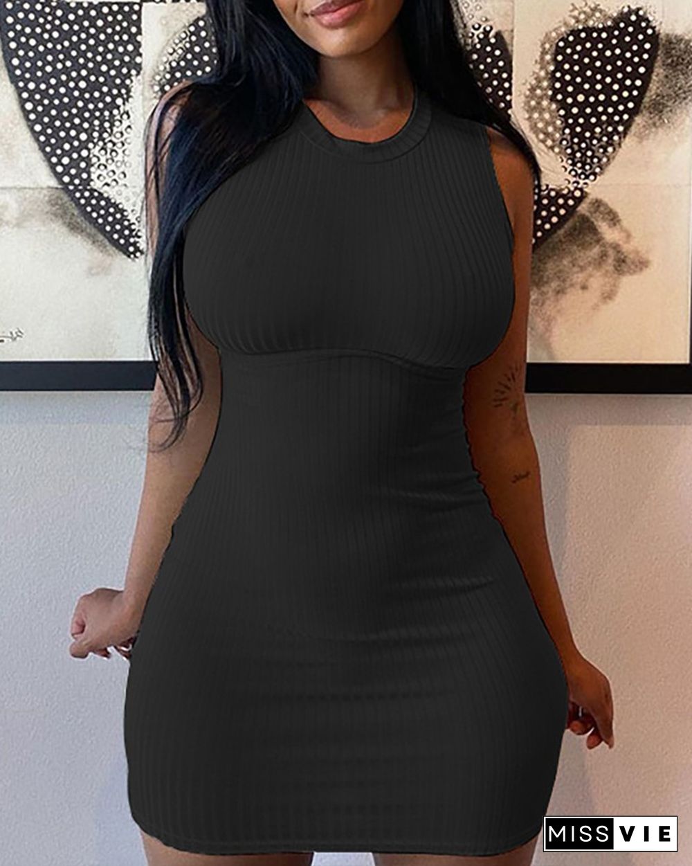 Ribbed O-neck Sleeveless Bodycon Dress