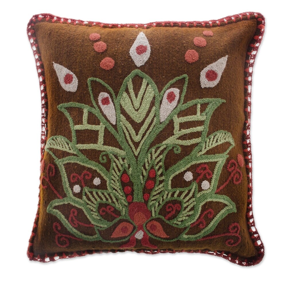 Novica Handmade Verdant Lotus Wool Cushion Cover